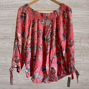 SPENSE OFF SHOULDER FLORAL TIE SLEEVE BLOUSE TOP